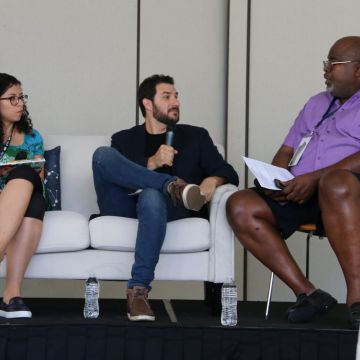 Kalinda Vazquez, Joel Novoa, and Gil Robertson  at NALIP Media Summit 2019's Heroes of Our Time panel. Courtesy of NALIP.