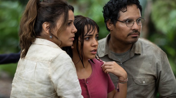 Eva Longoria, Isabela Moner and Michael Peña in 'Dora and the Lost City of Gold.' Courtesy of Paramount Pictures.