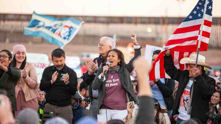 El Paso Congresswoman Veronica Escobar riles up the crowd before the March for Truth in protest of Trumps wall February 11, 2019 in El Paso, Texas. Photo by Christ Chavez/Getty Images