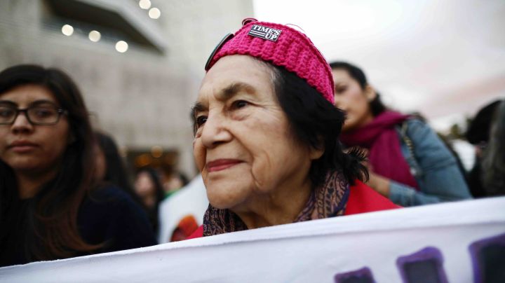 Civil rights activist Dolores Huerta, 88, marches during an International Women's Strike rally on March 08, 2019 in Los Angeles, California. Photo by Mario Tama/Getty Images