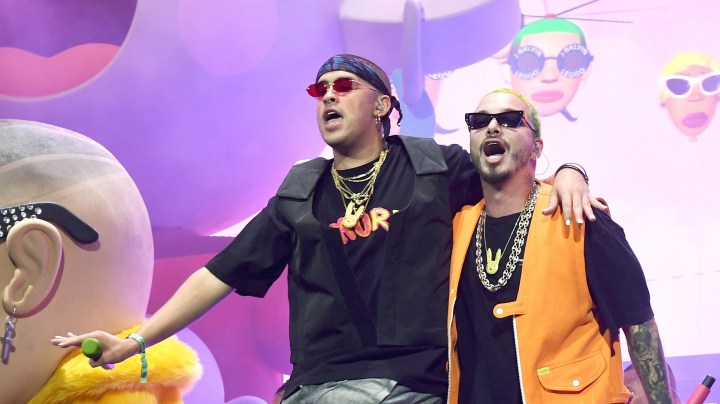 Bad Bunny (L) and J Balvin perform at Coachella Stage during the 2019 Coachella Valley Music And Arts Festival (Photo by Kevin Winter/Getty Images for Coachella