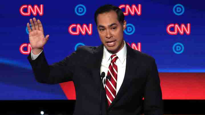 Democratic presidential candidate Julian Castro (C) speaks during the Democratic Presidential Debate at the Fox Theatre July 31, 2019 in Detroit, Michigan. Photo by Scott Olson/Getty Images