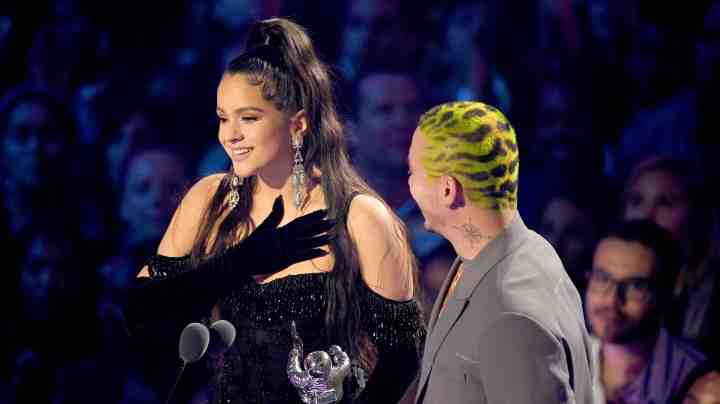 Rosalía and J Balvin onstage during the 2019 MTV Video Music Awards at Prudential Center on August 26, 2019 in Newark, New Jersey. Photo by Mike Coppola/Getty Images for MTV