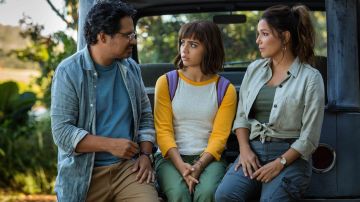 Michael Peña, Isabela Moner and Eva Longoria in 'Dora and the Lost City of Gold.' Courtesy of Paramount Pictures.