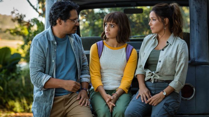 Michael Peña, Isabela Moner and Eva Longoria in 'Dora and the Lost City of Gold.' Courtesy of Paramount Pictures.