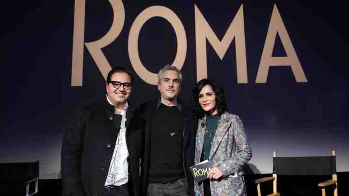 Alfonso Cuaron (C) poses with Lydia Cacho (R) and Javier Risco during the premiere of the Netflix movie Roma and Q&A at Cineteca Nacional on December 18, 2018 in Mexico City, Mexico. Photo by Victor Chavez/Getty Images for NETFLIX