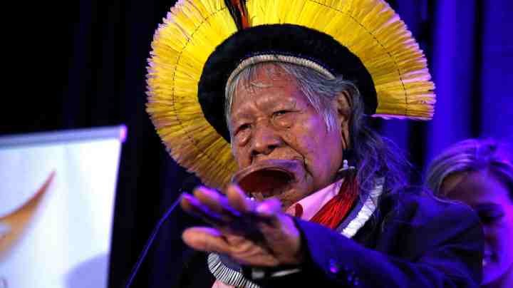Chief Raoni Metuktire speaks during the Monaco Better World Forum Gala 2019 at Westin Grand Central on September 22, 2019 in New York City. Photo by John Lamparski/Getty Images