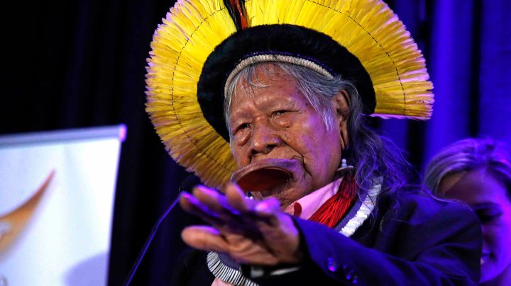 Chief Raoni Metuktire speaks during the Monaco Better World Forum Gala 2019 at Westin Grand Central on September 22, 2019 in New York City. Photo by John Lamparski/Getty Images