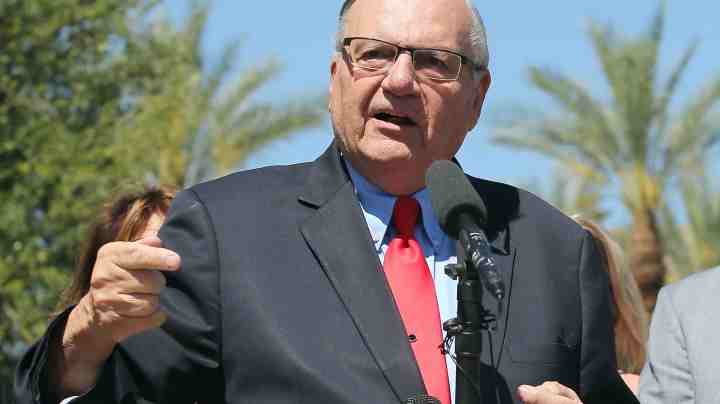 Former Maricopa County Sheriff Joe Arpaio speaks to the media in front of the Arizona State Capitol before filing petitions to run for the U.S. Senate on May 22, 2018 in Phoenix, Arizona. Photo by Ralph Freso/Getty Images