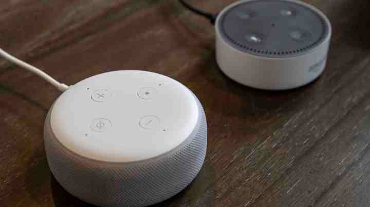 An updated "Echo Dot" (L) is pictured next to an older generation "Echo Dot" at Amazon Headquarters, on September 20, 2018 in Seattle Washington. Photo by Stephen Brashear/Getty Images