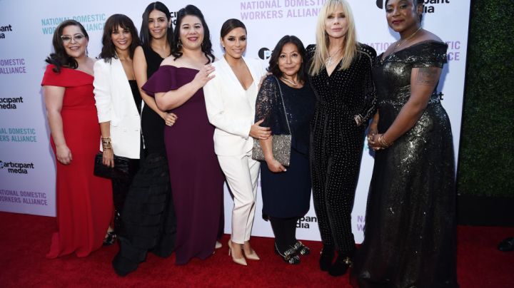 Jess Morales Rocketto, Rashida Jones, Olga Segura, Monica Ramirez, Eva Longoria, Onelia Ramirez, Rosanna Arquette and Alicia Garza at National Domestic Workers Alliance Celebrates "ROMA" event on February 24, 2019 in Los Angeles, California. Photo by Amanda Edwards/Getty Images