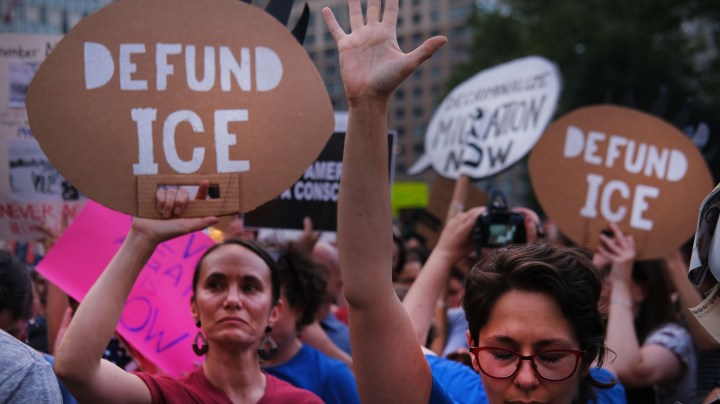 Hundreds of people gather in lower Manhattan for a "Lights for Liberty" protest against migrant detention camps. Photo by Spencer Platt/Getty Images