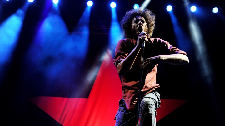 Singer Zack de la Rocha of Rage Against the Machine performs at L.A. Rising at the L.A. Memorial Coliseum. Photo by Kevin Winter/Getty Images