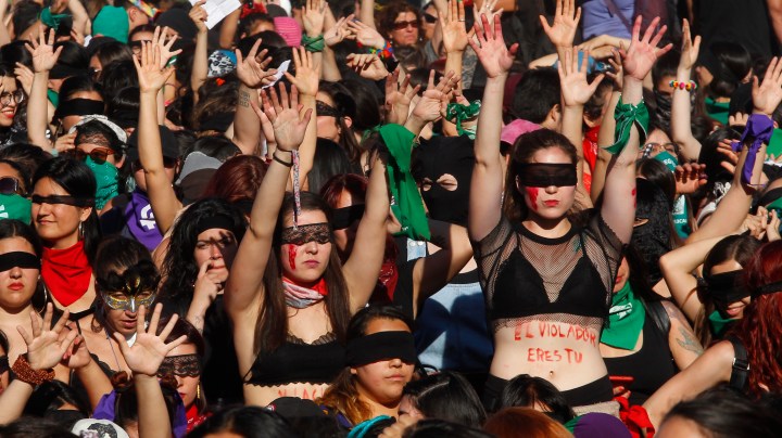 Women sing and perform during the demonstration and performance of 'Un Violador en Tu Camino' organized by feminist group Lastesis on November 29, 2019 in Santiago, Chile. Photo by Marcelo Hernandez/Getty Images