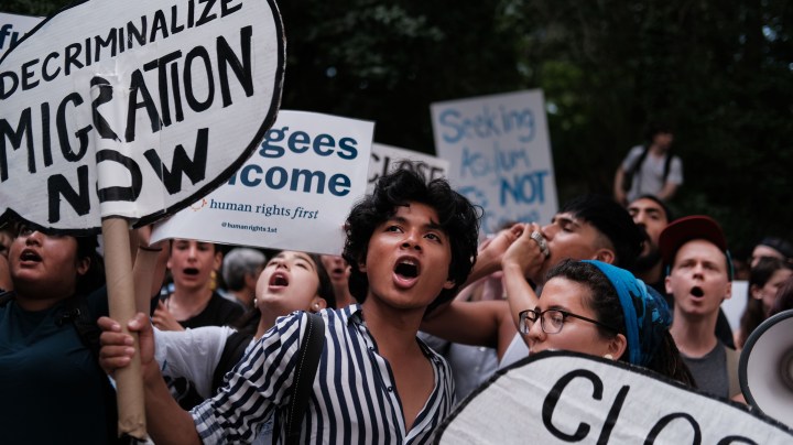 Hundreds of people gather in front of U.S. Senator Chuck Schumer's Brooklyn apartment to protest immigration detention facilities on July 02, 2019 in New York City.
Photo by Spencer Platt/Getty Images