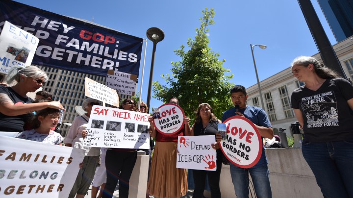Protestors in front of the Byron G Rogers Federal building.Photo by Tom Cooper/Getty Images for MoveOn.org Civic Action