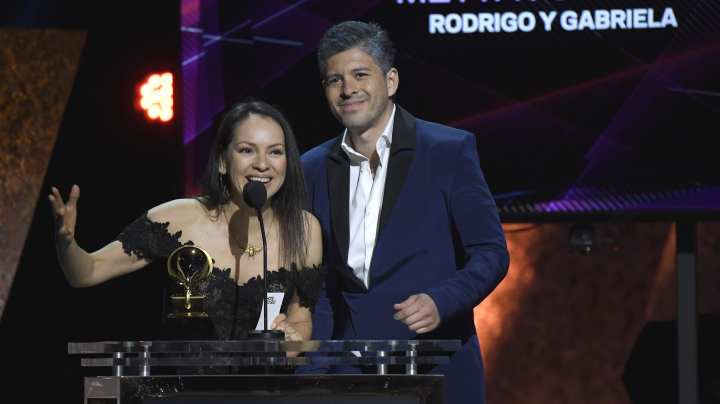Gabriela Quintero and  Rodrigo Sanchez of Rodrigo y Gabriela accept the Best Contemporary Instrumental Album for "Mettavolution" onstage during the 62nd Annual GRAMMY Awards Premiere Ceremony at Microsoft Theater on January 26, 2020 in Los Angeles, California. Photo by Kevork Djansezian/Getty Images