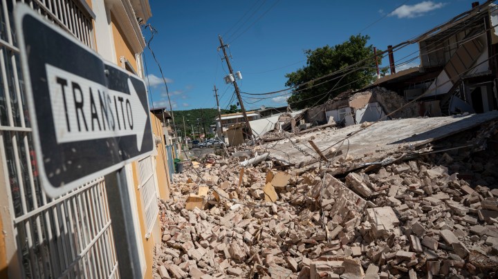 Rubble covers the street after a 6.4 earthquake hit just south of the island on January 7, 2020 in Guayanilla, Puerto Rico. Photo by Eric Rojas/Getty Images