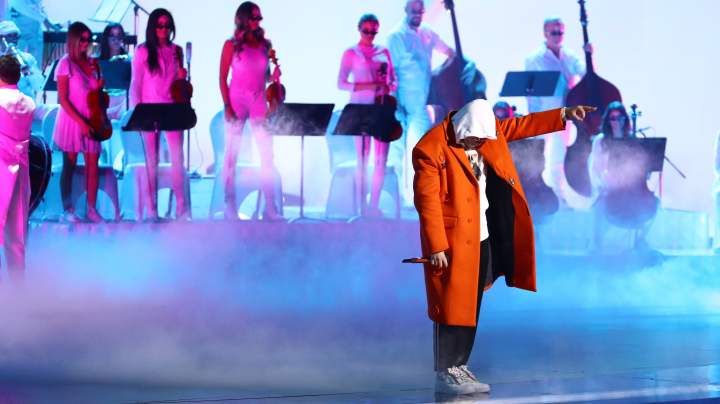 Bad Bunny performs onstage during the 20th annual Latin GRAMMY Awards at MGM Grand Garden Arena. Photo by Rich Fury/Getty Images