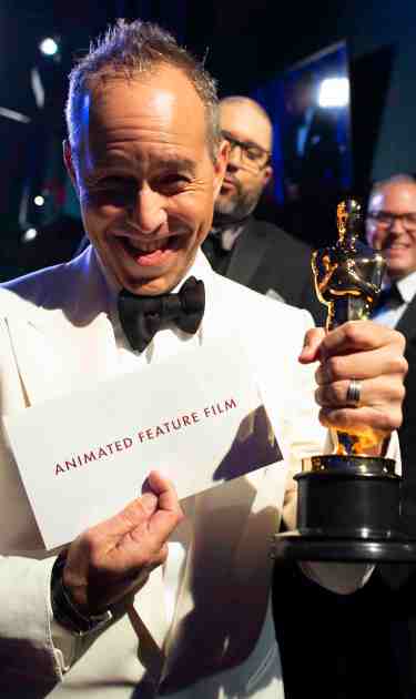 In this handout photo provided by A.M.P.A.S. Jonas Rivera, Josh Cooley, and Mark Nielsen pose with the award for Best Animated Feature Film backstage during the 92nd Annual Academy Awards at the Dolby Theatre on February 09, 2020 in Hollywood, California. Photo by Matt Petit - Handout/A.M.P.A.S. via Getty Images