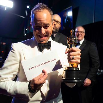 In this handout photo provided by A.M.P.A.S. Jonas Rivera, Josh Cooley, and Mark Nielsen pose with the award for Best Animated Feature Film backstage during the 92nd Annual Academy Awards at the Dolby Theatre on February 09, 2020 in Hollywood, California. Photo by Matt Petit - Handout/A.M.P.A.S. via Getty Images