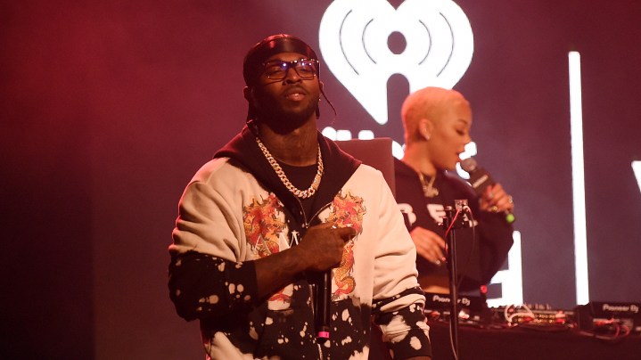 Pop Smoke performs on stage with French Montana at iHeartRadio Live and Verizon Bring You French Montana in New York City at Webster Hall. Photo by Jamie McCarthy/Getty Images for iHeartMedia