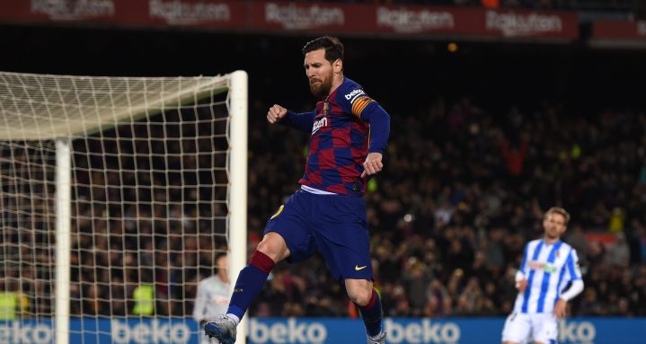 Lionel Messi of FC Barcelona celebrates after scoring his team's first goal during the La Liga match between FC Barcelona and Real Sociedad at Camp Nou on March 07, 2020 in Barcelona, Spain. Photo by Alex Caparros/Getty Images