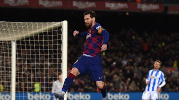 Lionel Messi of FC Barcelona celebrates after scoring his team's first goal during the La Liga match between FC Barcelona and Real Sociedad at Camp Nou on March 07, 2020 in Barcelona, Spain. Photo by Alex Caparros/Getty Images