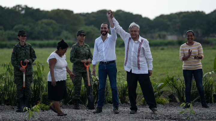 Mexico President Manuel Lopez Obrador and El Salvador President Nayib Bukele wave during a joint press conference launching the Planting Life initiative on June 20 in the Military Nursery of Tapachula in Chiapas, Mexico. Photo by Toya Sarno Jordan/Getty Images