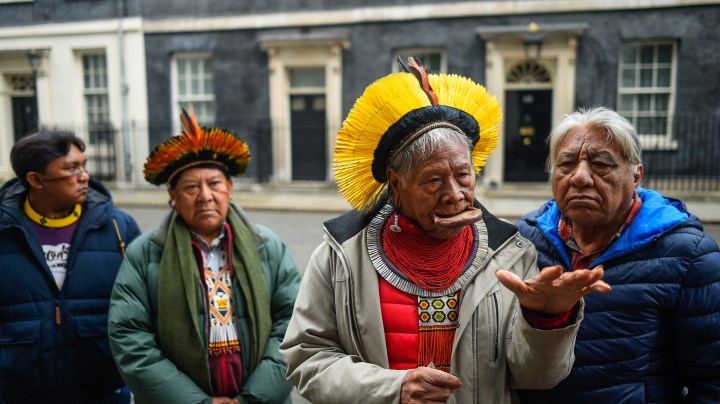 Dario Vitorio Kopenawa Yanomami, Vice President of Hutukara Yanomani Association, Davi Kopenawa Yanomami, President of Hutukara Yanomami Association, Raoni Metuktire, President of Instituto Raoni and Megaron Txucarramae, Kayapo Leader, speak to media outside Number 10 Downing Street after handing in a petition on February 3, 2020 in London, England. Photo by Peter Summers/Getty Images