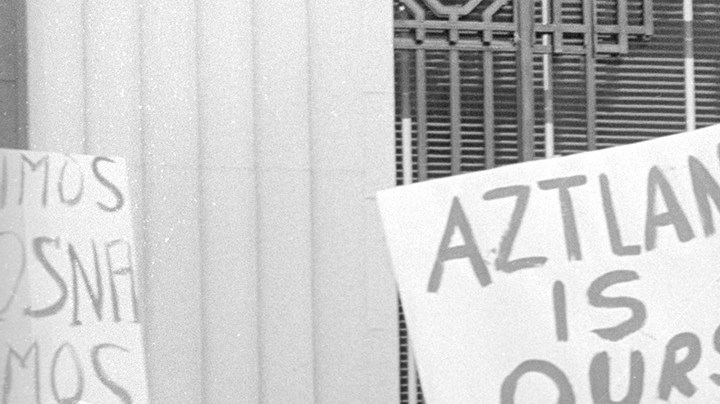 A nun speaks to protesters in front of the California State Building in downtown Los Angeles at an immigration march against the Dixon-Arnett Act, January 22, 1972. Photo by Pedro Arias. La Raza Photograph Collection. Courtesy of the UCLA Chicano Studies Research Center.