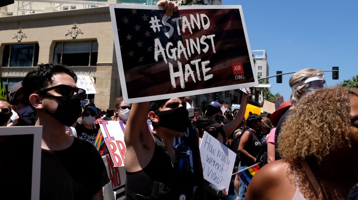 LOS ANGELES, CALIFORNIA - JUNE 14: Protesters march in the All Black Lives Matter Solidarity March on June 14, 2020 in Los Angeles, California. Anti-racism and police brutality protests continue to be held in cities throughout the country over the death of George Floyd, who was killed while in police custody in Minneapolis on May 25th. (Photo by Sarah Morris/Getty Images)
