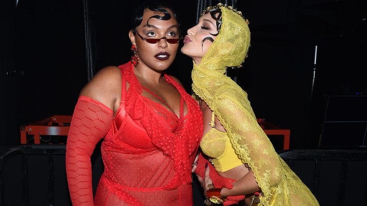 Paloma Elsesser and Bella Hadid (R) prepares backstage for Savage X Fenty Show Presented By Amazon Prime Video - Backstage at Barclays Center on September 10, 2019 in Brooklyn, New York. Photo by Ilya S. Savenok/Getty Images
