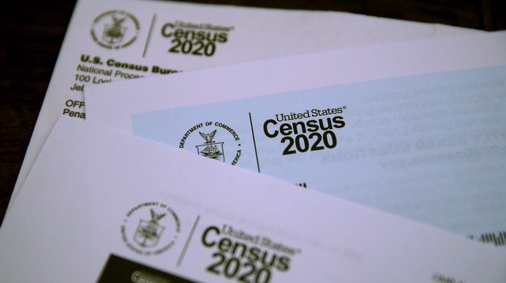 The U.S. Census logo appears on census materials received in the mail with an invitation to fill out census information online on March 19, 2020 in San Anselmo, California. Photo Illustration by Justin Sullivan/Getty Images