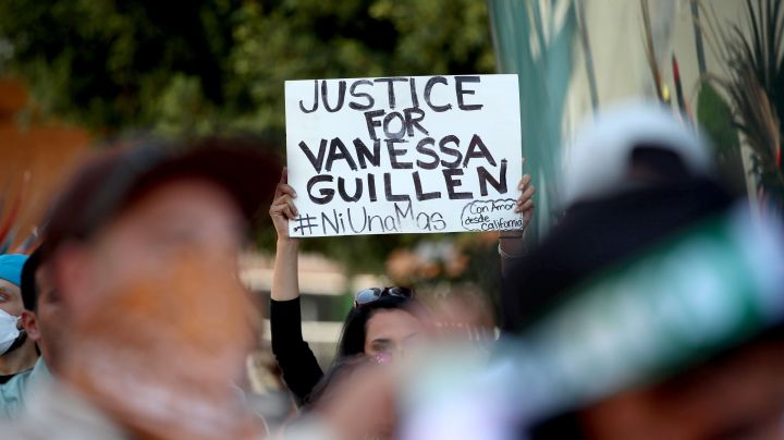 Protestors with activist, actress and filmmaker Armida Lopez as she leads a peaceful caravan and protest for justice for Vanessa Guillen at Staples Center on July 26, 2020 in Los Angeles, California. Photo by Rich Fury/Getty Images
