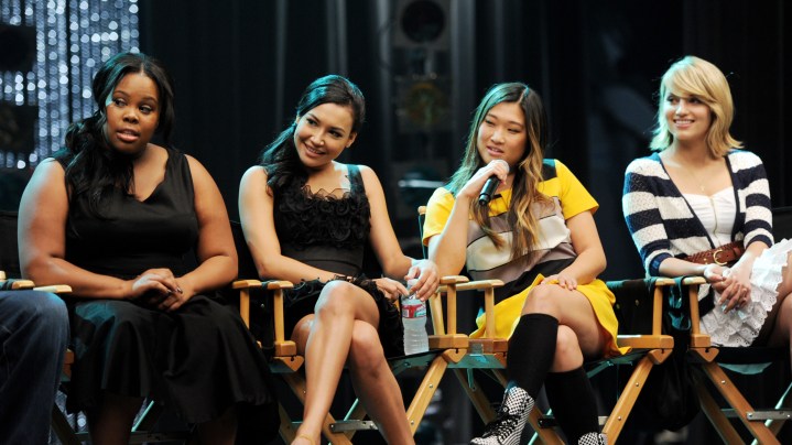 Actors Amber Riley, Naya Rivera, Jenna Ushkowitz and Dianna Agron appear at the "GLEE" 300th musical performance special taping at Paramount Studios on October 26, 2011 in Los Angeles, California.  Photo by Kevin Winter/Getty Images