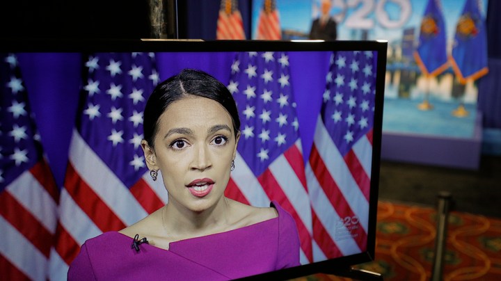 U.S. Rep. Alexandria Ocasio-Cortez (D-NY) addresses the second night of the virtual 2020 Democratic National Convention as she seconds the nomination of U.S. Senator Bernie Sanders via avideo feed as seen at te convention's hosting site on August 18, 2020 in Milwaukee, Wisconsin. Photo by Brian Snyder-Pool/Getty Images