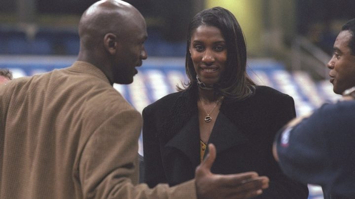 Guard Michael Jordan of the Chicago Bulls talks with Lisa Leslie before the NBA All-Star game. Credit: Brian Bahr/Allsport, Getty Images