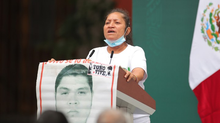 María Martínez Ceferino, mother of the disappeared Miguel Ángel Hernández Martínez, speaks to the president during the Ayotzinapa case report at Palacio Nacional on September 26, 2020 in Mexico City, Mexico. Photo by Hector Vivas/Getty Images.