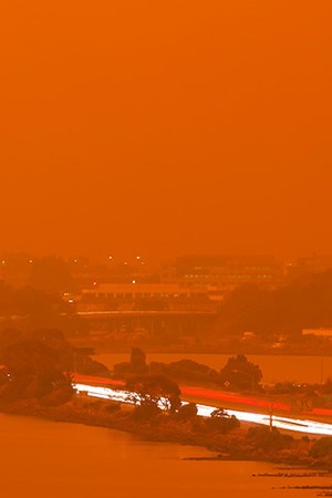 Thick orange haze above San Francisco Bay on September 9 2020 from record wildfires in Californa, daytime view of ash and smoke over the Bay Area. Getty Images