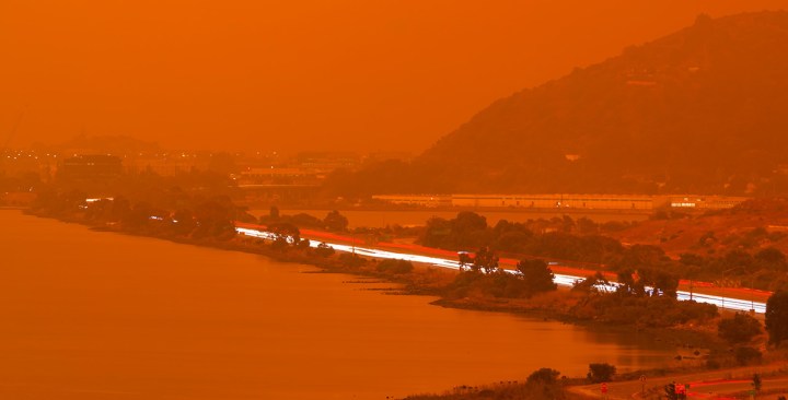Thick orange haze above San Francisco Bay on September 9 2020 from record wildfires in Californa, daytime view of ash and smoke over the Bay Area. Getty Images