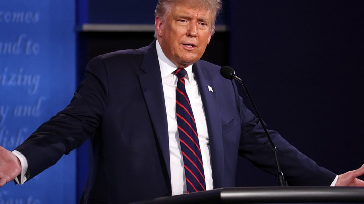 President Donald Trump participates in the first presidential debate against Democratic presidential nominee Joe Biden at the Health Education Campus of Case Western Reserve University on September 29, 2020 in Cleveland, Ohio. Photo by Scott Olson/Getty Images