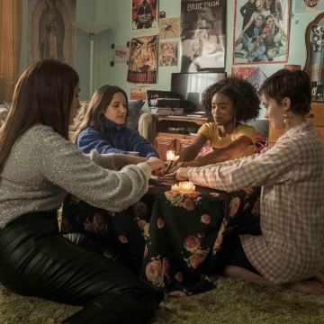 (l-r) Lourdes (Zoey Luna)  Frankie (Gideon Adlon)  Tabby (Lovie Simone) and Lily (Cailee Spaeny) perform rituals and talk about being cautious with their gifts in Columbia Pictures' THE CRAFT: LEGACY.