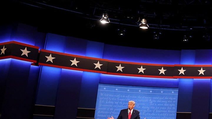U.S. President Donald Trump and Democratic presidential nominee Joe Biden participate in the final presidential debate at Belmont University on October 22, 2020 in Nashville, Tennessee. Photo by Justin Sullivan/Getty Images.