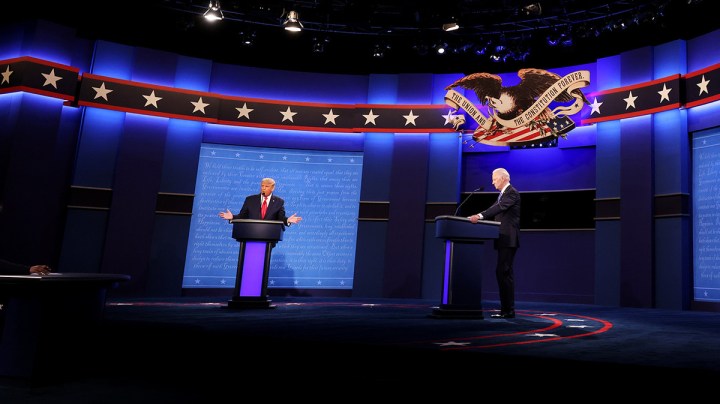 U.S. President Donald Trump and Democratic presidential nominee Joe Biden participate in the final presidential debate at Belmont University on October 22, 2020 in Nashville, Tennessee. Photo by Justin Sullivan/Getty Images.