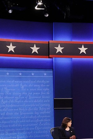 Democratic vice presidential nominee Sen. Kamala Harris (D-CA) and U.S. Vice President Mike Pence participate in the vice presidential debate moderated by Washington Bureau Chief for USA Today Susan Page (C) at the University of Utah on October 7, 2020 in Salt Lake City, Utah. Photo by Alex Wong/Getty Images