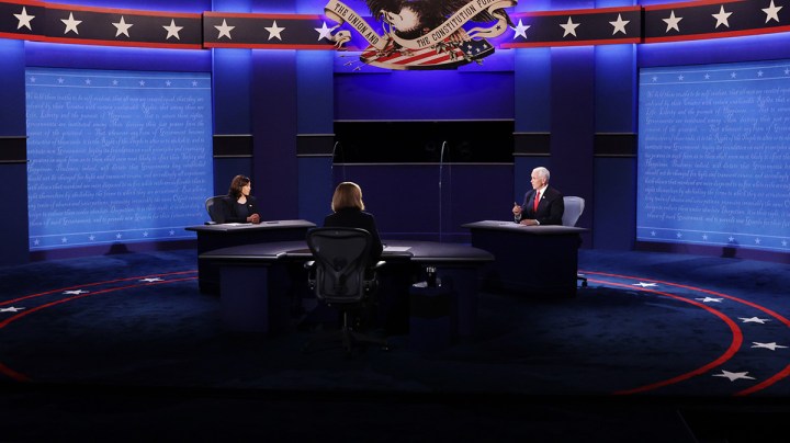 Democratic vice presidential nominee Sen. Kamala Harris (D-CA) and U.S. Vice President Mike Pence participate in the vice presidential debate moderated by Washington Bureau Chief for USA Today Susan Page (C) at the University of Utah on October 7, 2020 in Salt Lake City, Utah. Photo by Alex Wong/Getty Images