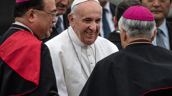Caption: Pope Francis is bade farewell by senior Catholic clergy as he prepares to board his plane before leaving Japan on the final day of his four day visit, on November 26, 2019 in Tokyo, Japan. Photo by Carl Court/Getty Images