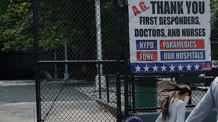 A sign across from a hospital in a neighborhood that saw a significant number of COVID-19 cases early on in the pandemic thanks first responders on September 14, 2020 in the Brooklyn borough of New York City.