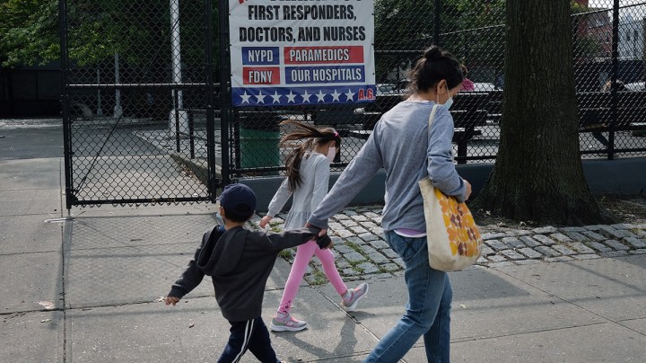 A sign across from a hospital in a neighborhood that saw a significant number of COVID-19 cases early on in the pandemic thanks first responders on September 14, 2020 in the Brooklyn borough of New York City.